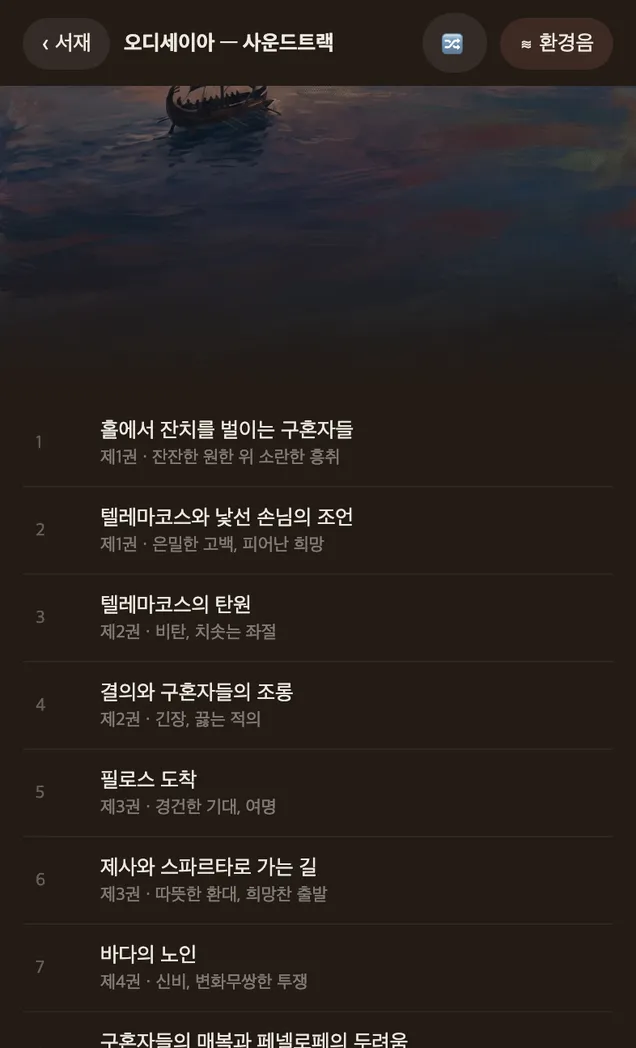 작품 사운드트랙 목록. 곡마다 권과 분위기가 적혀 있다.